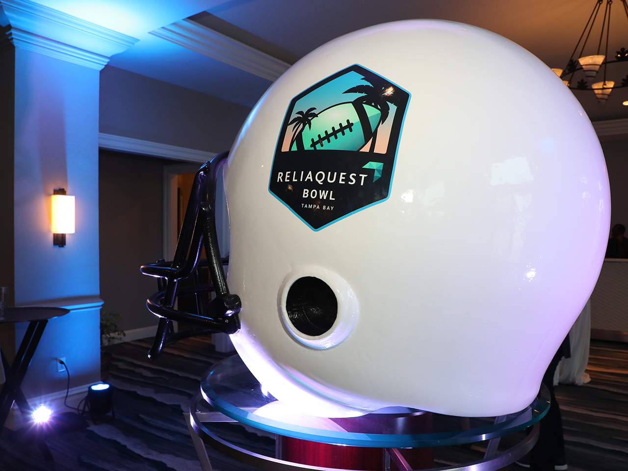 The centerpiece of the room was a giant helmet with the new bowl logo